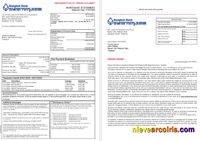Thailand Bangkok bank mortgage statement, 3 pages 1-2